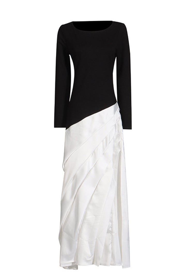 Irregularly Pleated Color Blocked Maxi Dress