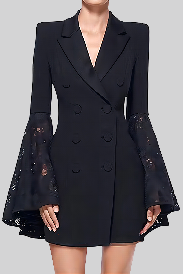 Black Lace Patchwork Flared Long Sleeve Blazer