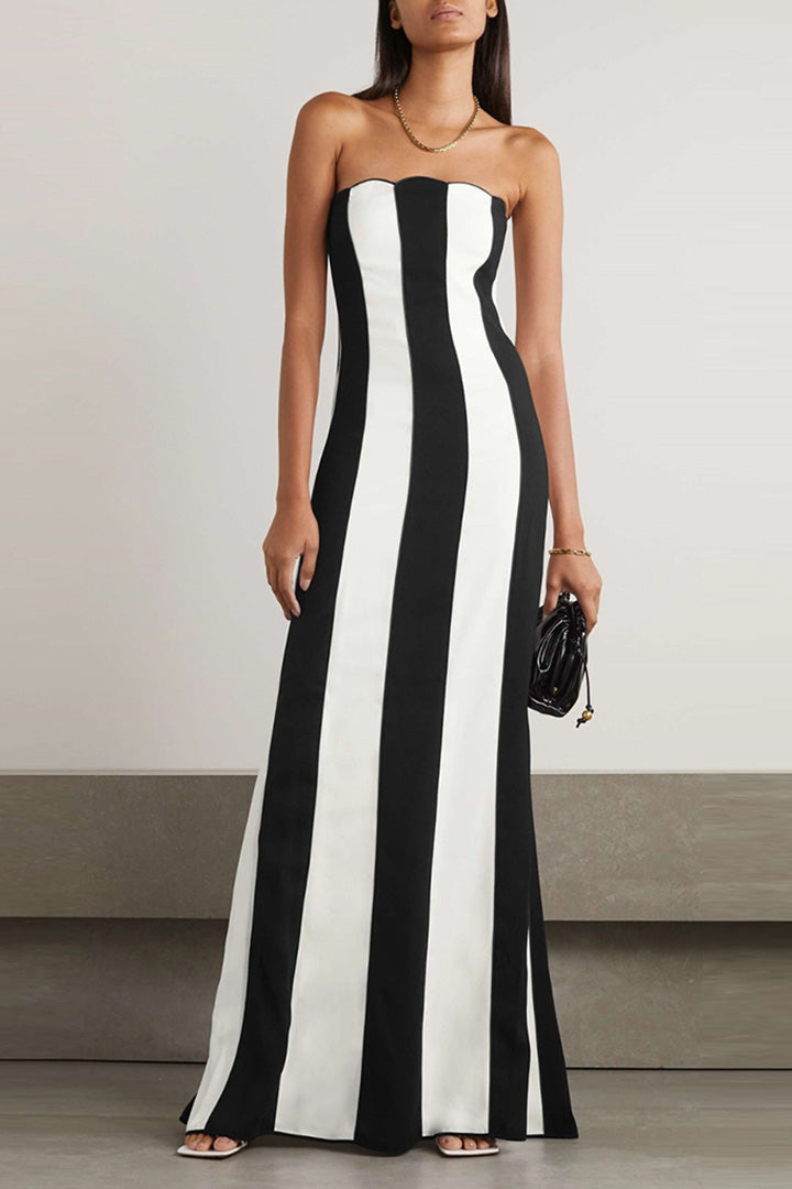 Black and White Striped Sheath Bandage Maxi Dress