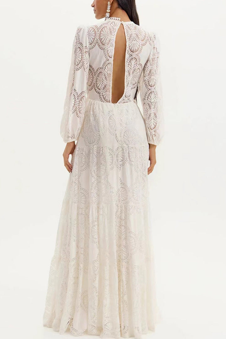 V-Neck Embroidered Long Sleeve Maxi Dresses