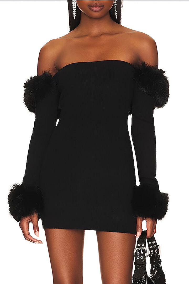 Black Strapless Furry Long Sleeve Short Dress