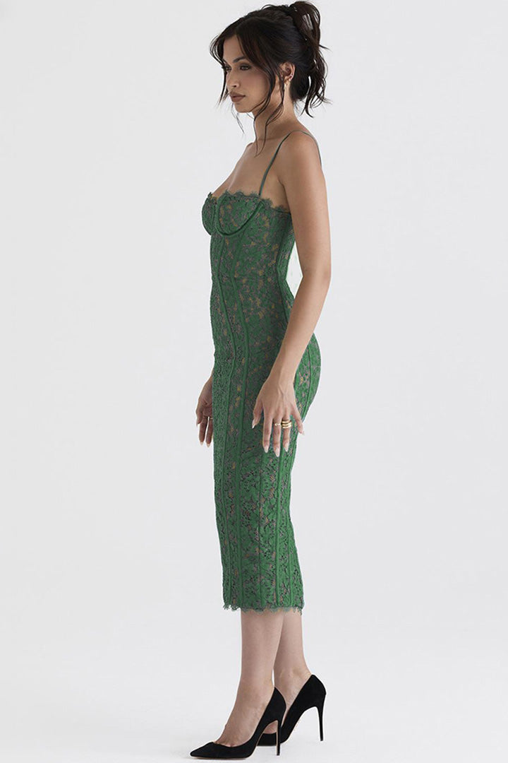 Green Lace Camisole Split Midi Dress