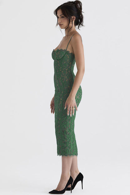 Green Lace Camisole Split Midi Dress