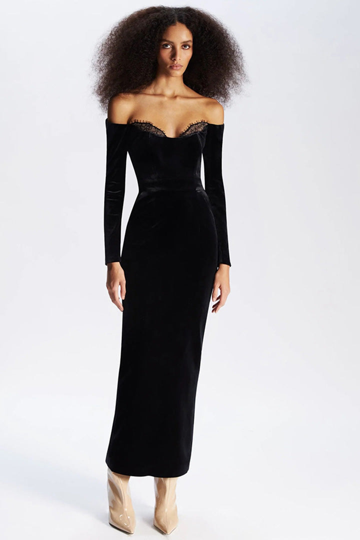 Black Long Sleeve Lace Velvet Long Dress