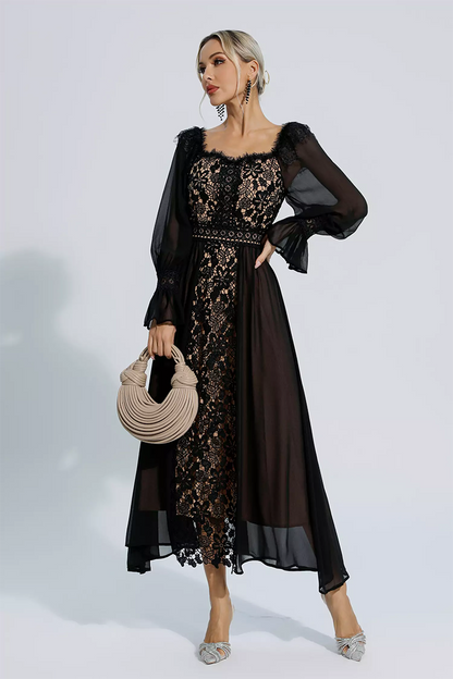 Black Floral Hollow Long Sleeve Dress