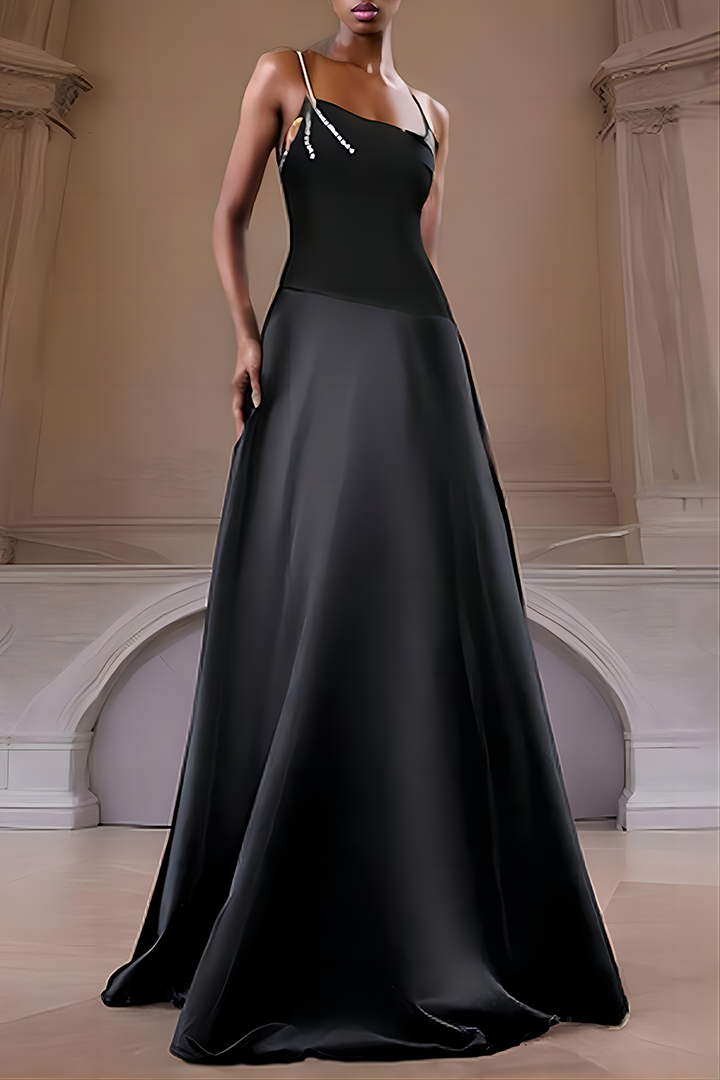 Black One-Shoulder Diamond-Studded Maxi Dress