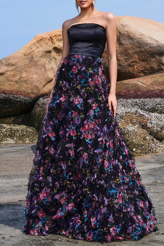 Black Wrap Printed Long Dress