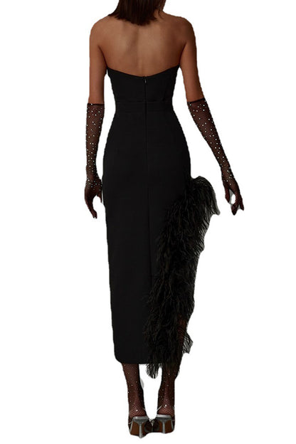 Sheath Irregular Feather Trim Midi Dress