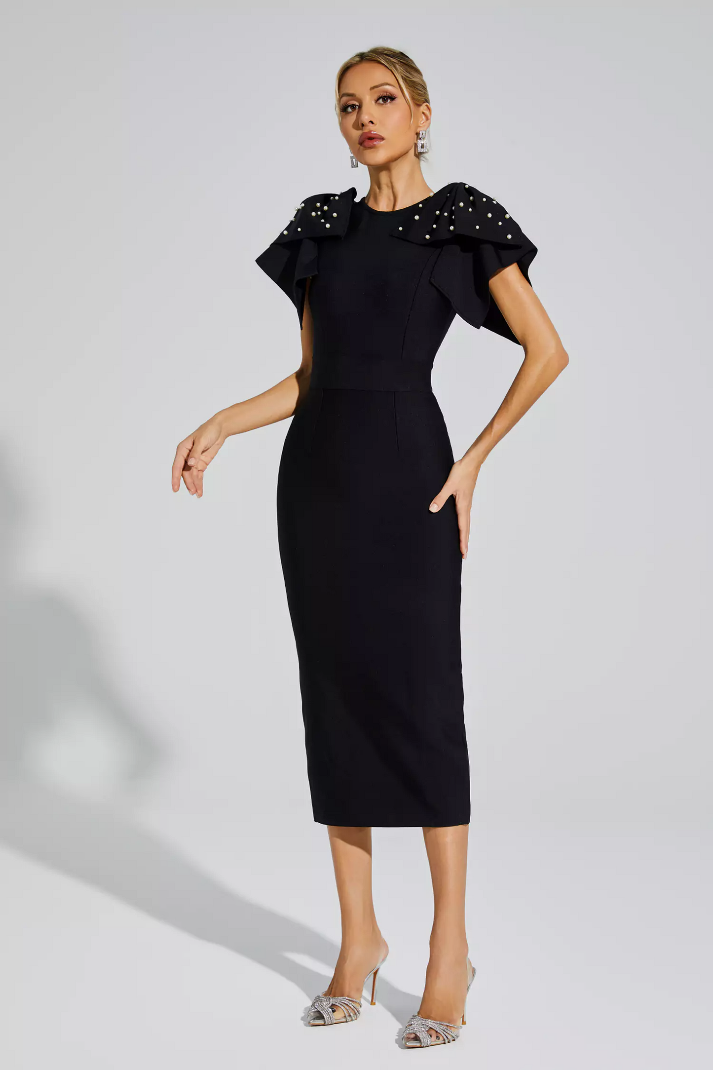 Black Knitted Embellished Midi Dress