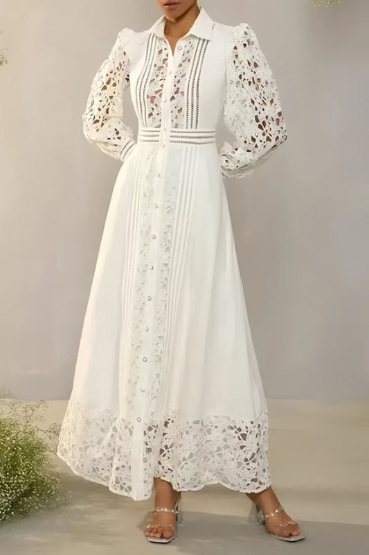 Lapel Lace Embroidery Long Dress