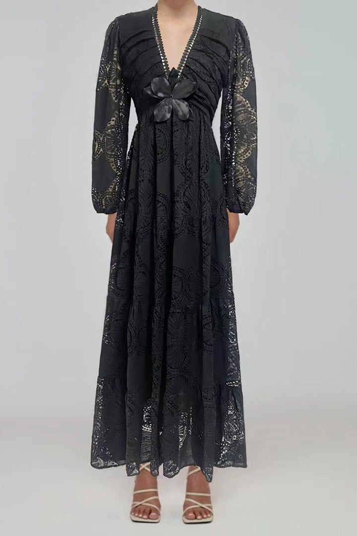 V-Neck Embroidered Long Sleeve Maxi Dresses