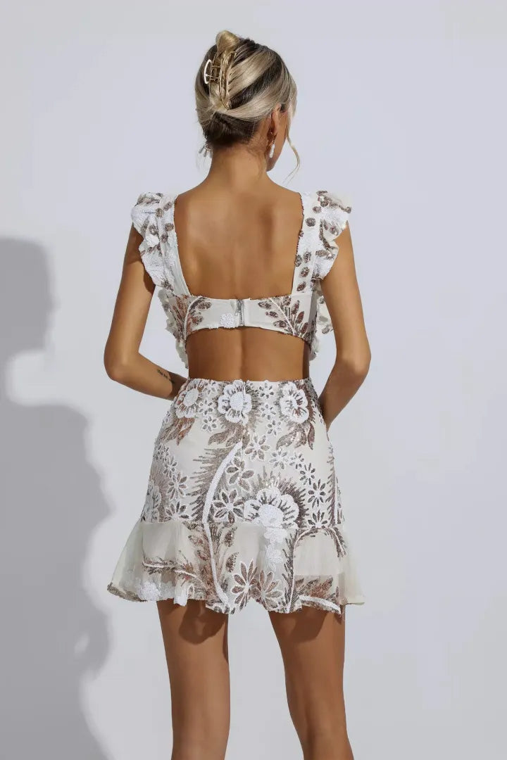 White Ruffle Floral Cutout Mini Dress