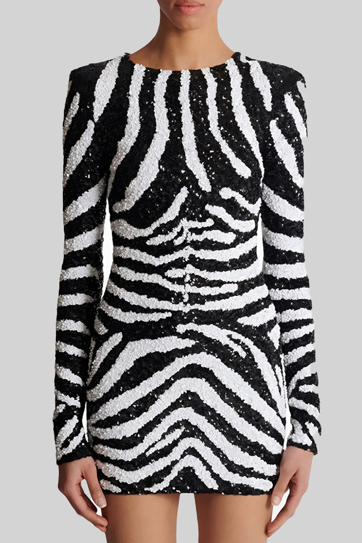 Black Zebra Print Sequined Short Dress