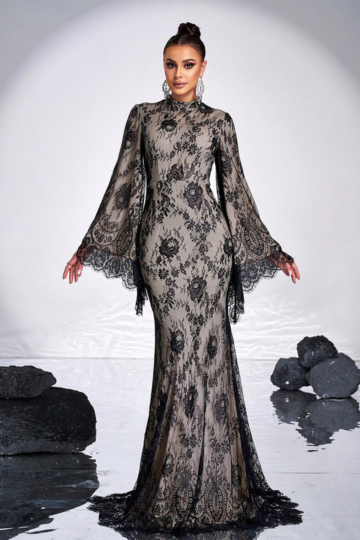 Black Vintage Lace Evening Gown