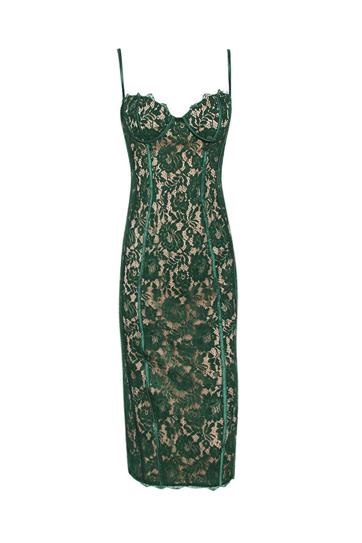 Green Lace Camisole Split Midi Dress