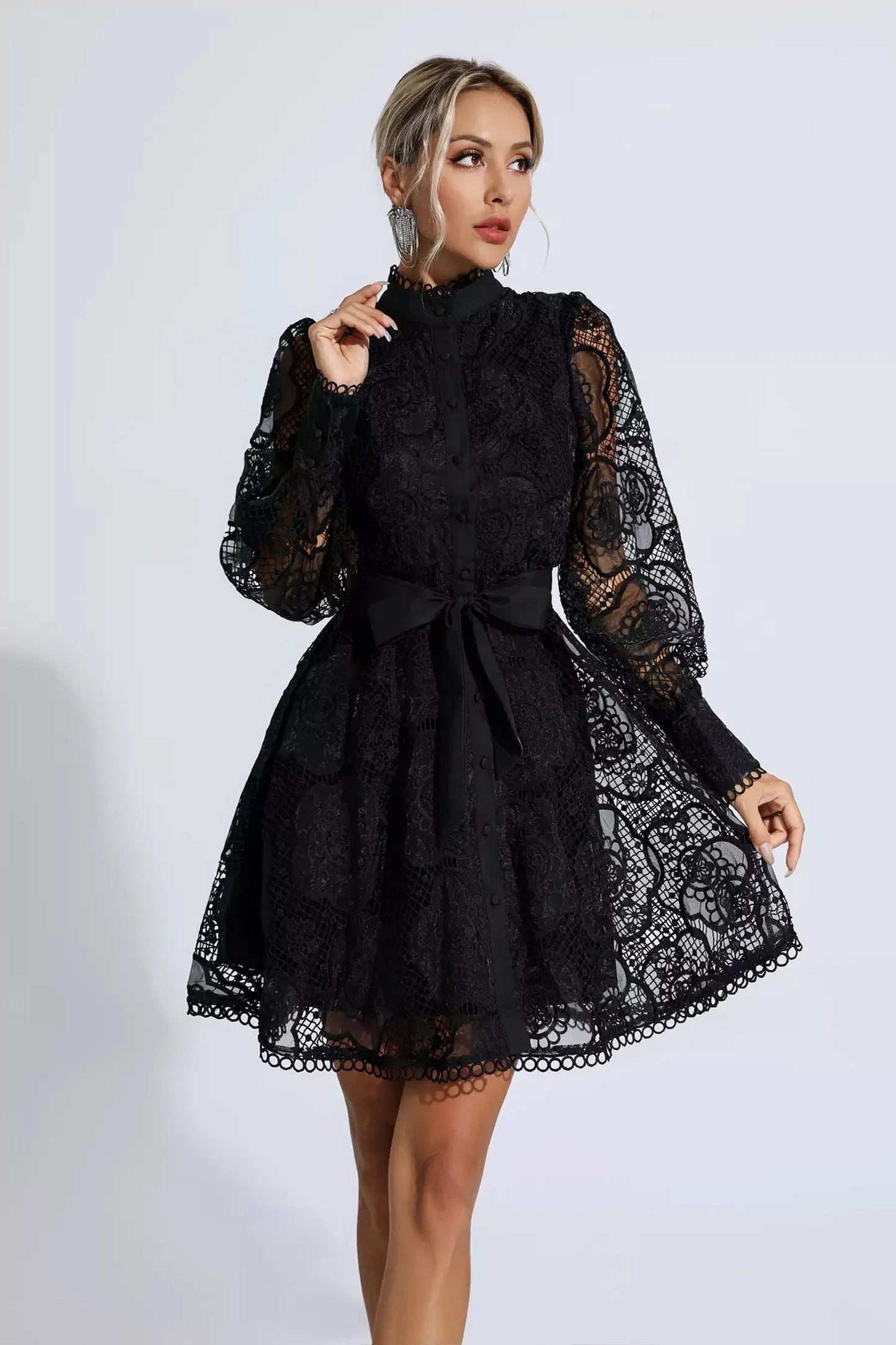 Black Lace Jacquard Mini Dress