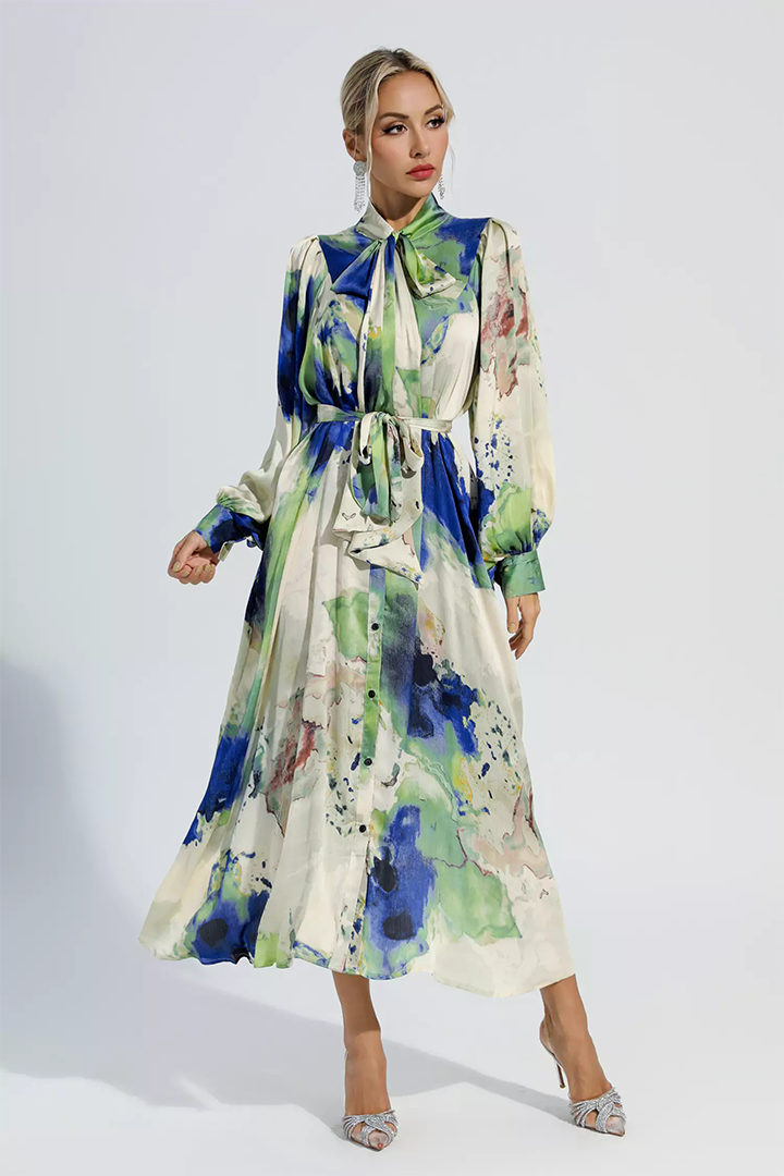 Green Floral Tie Dye Long Sleeves Maxi Dress