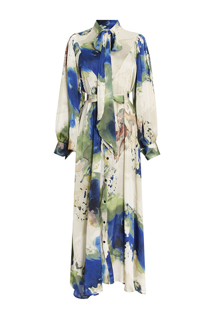 Green Floral Tie Dye Long Sleeves Maxi Dress