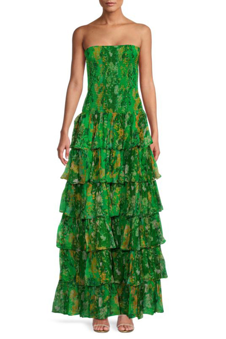 Green Smocking Strapless Tiered Maxi Dress