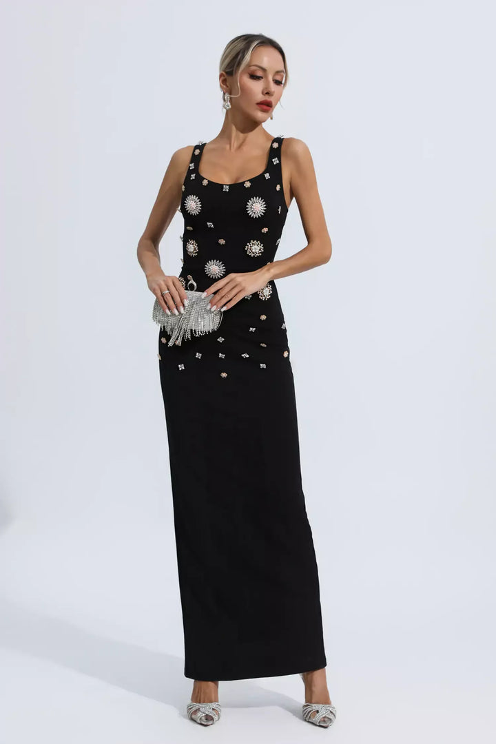 Black Embellished Diamond Maxi Dress