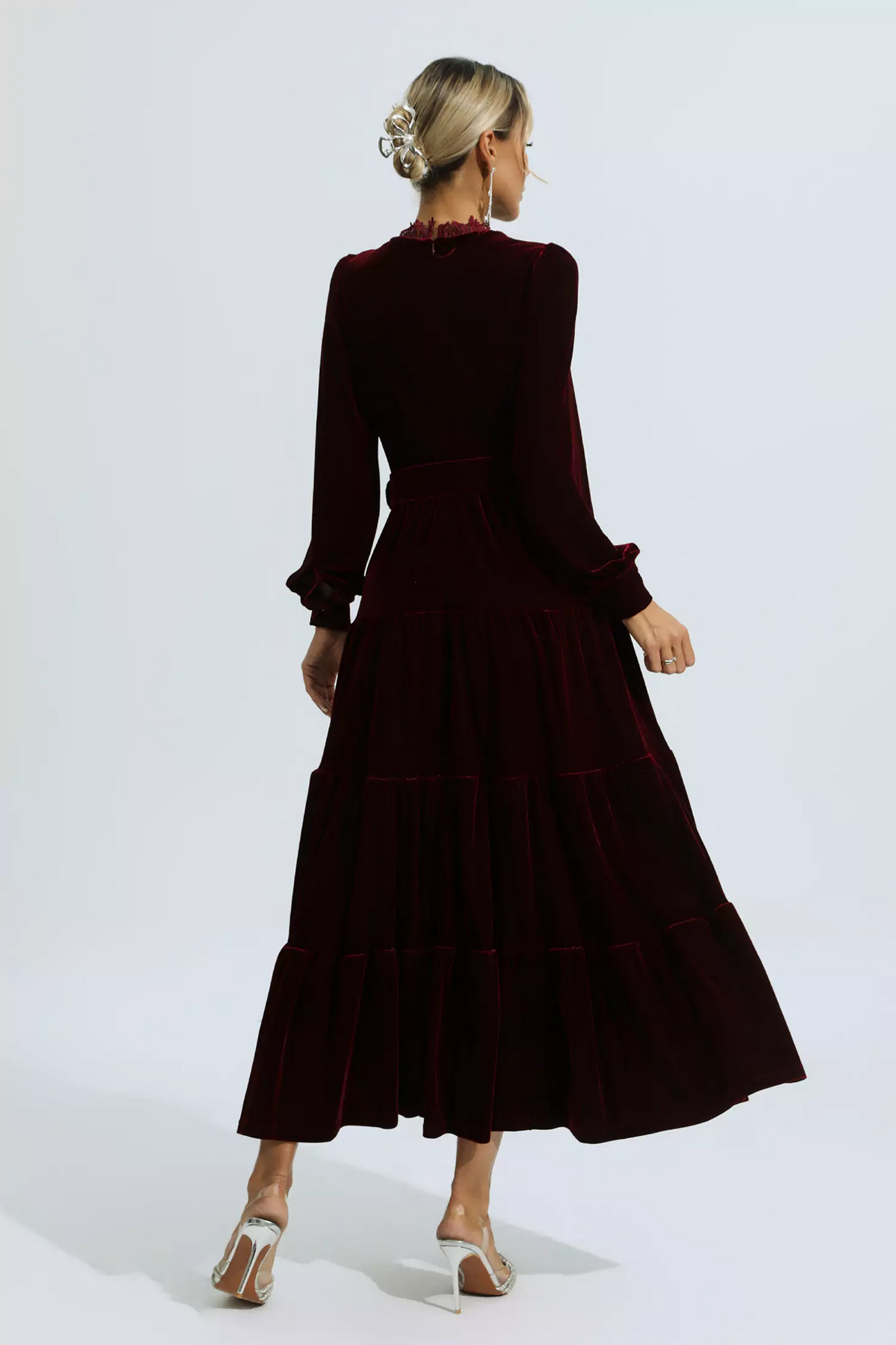 Wine Red Velvet Embroidered Maxi Dress