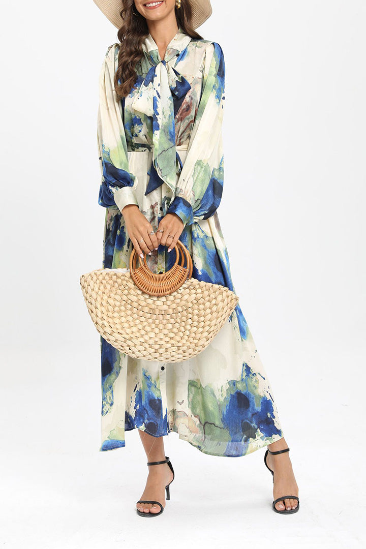 Green Floral Tie Dye Long Sleeves Maxi Dress