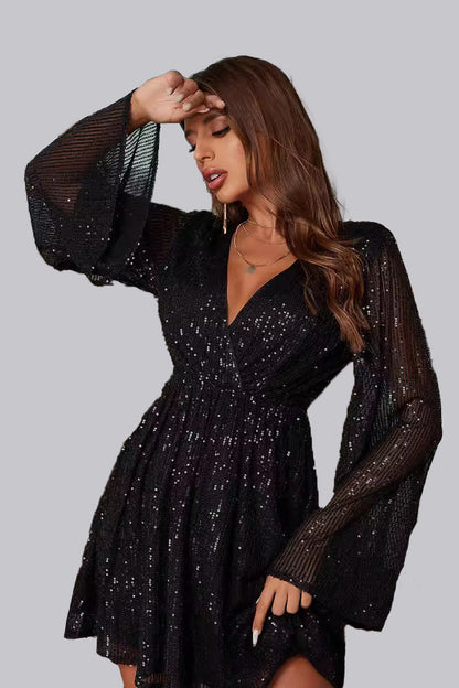 Sequined Bell Sleeve Mini Dress