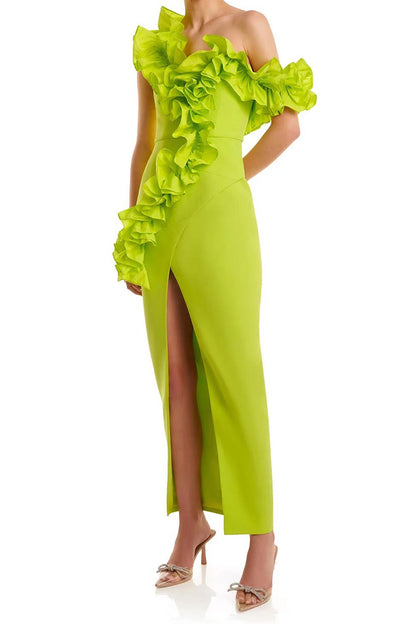 Green Ruffled Slant Neck Strapless Split Long Dress