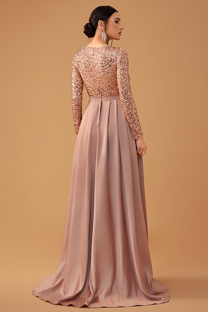 Elegant Round Neck Long Sleeve Sequin Long Dress