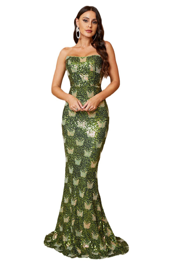 Green Sheath Sequined Fishtail Maxi Dress