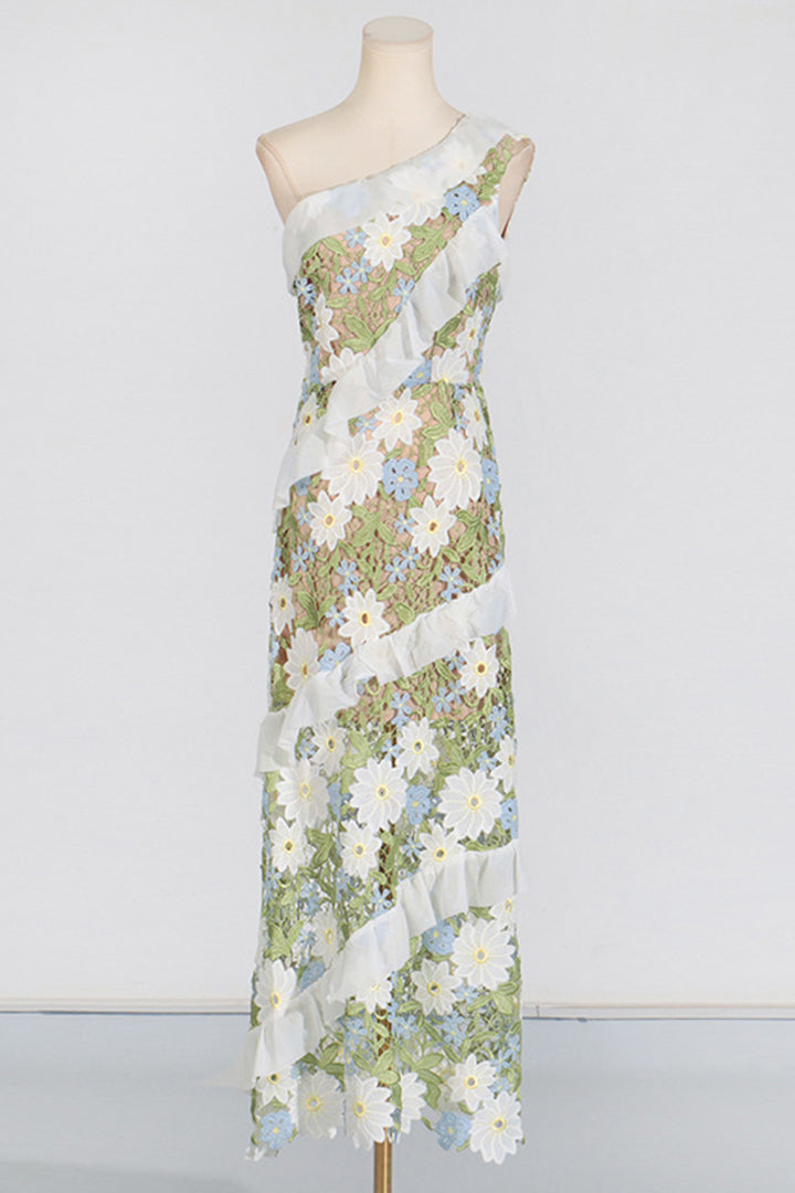 Green Slant Shoulder Floral Embroidered Maxi Dress