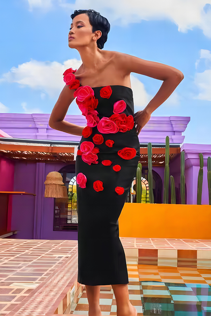 Black Backless 3D Floral Midi Dress