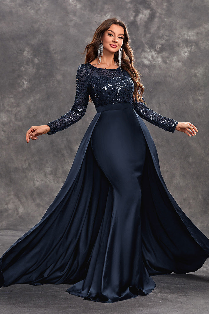 Elegant Round Neck Long Sleeve Sequin Long Dress