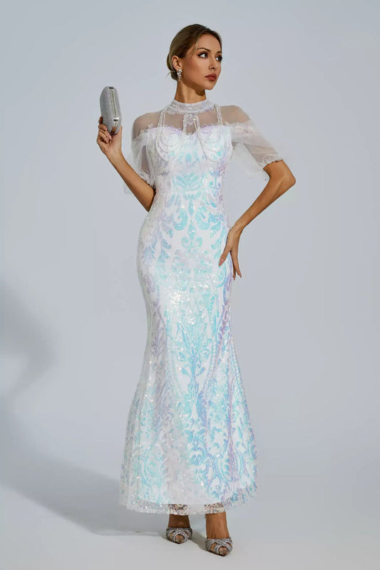 White Mesh Maxi Sequin Dress