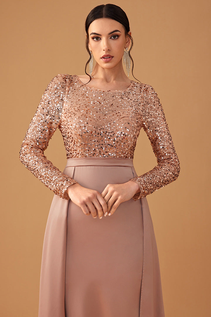 Elegant Round Neck Long Sleeve Sequin Long Dress