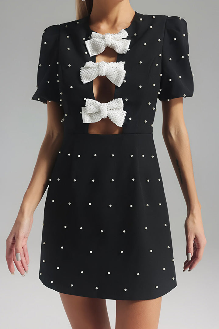 Black Bow Patchwork Rhinestone Mini Dress