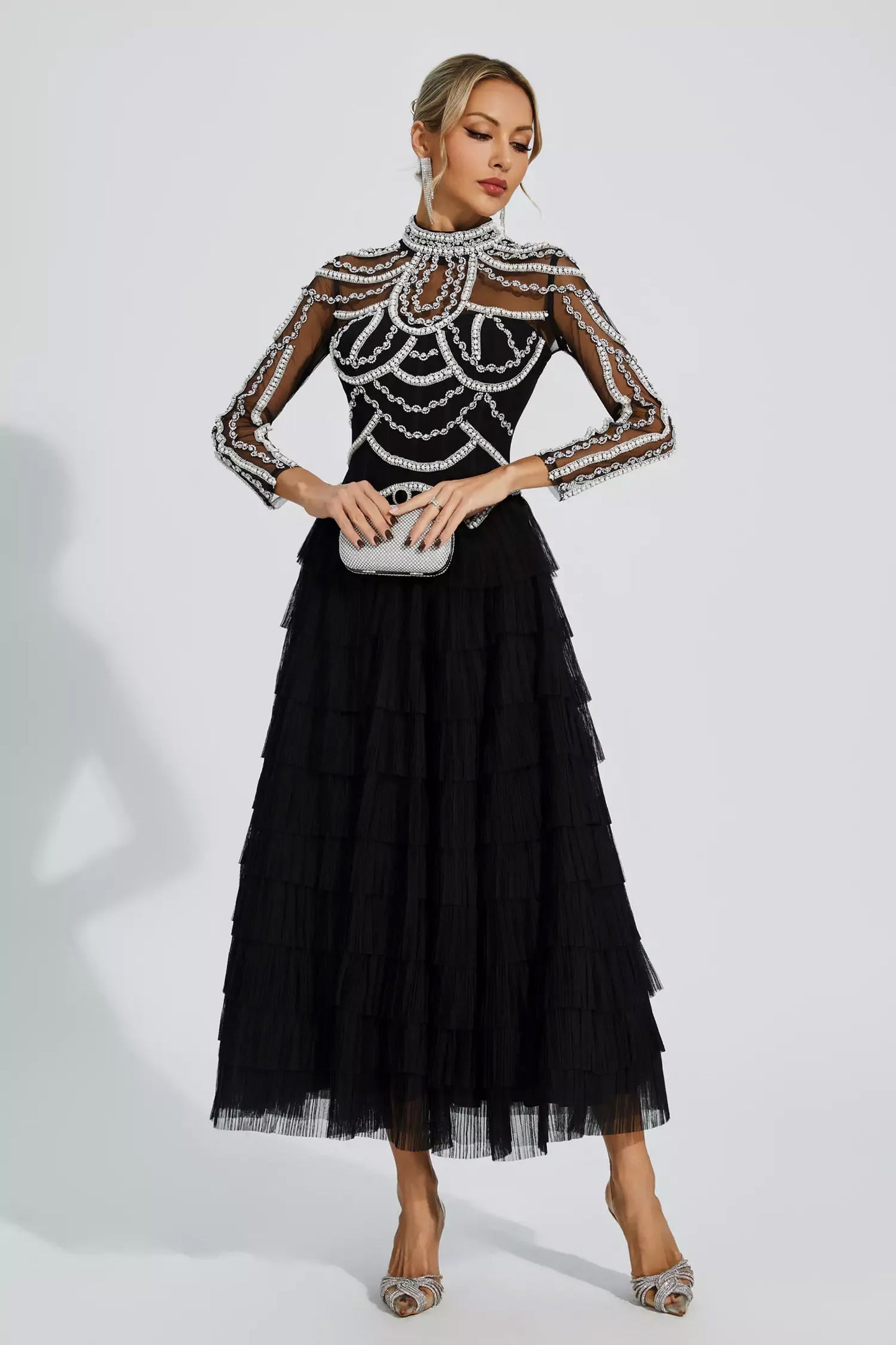 Black Beading Maxi Evening Dress