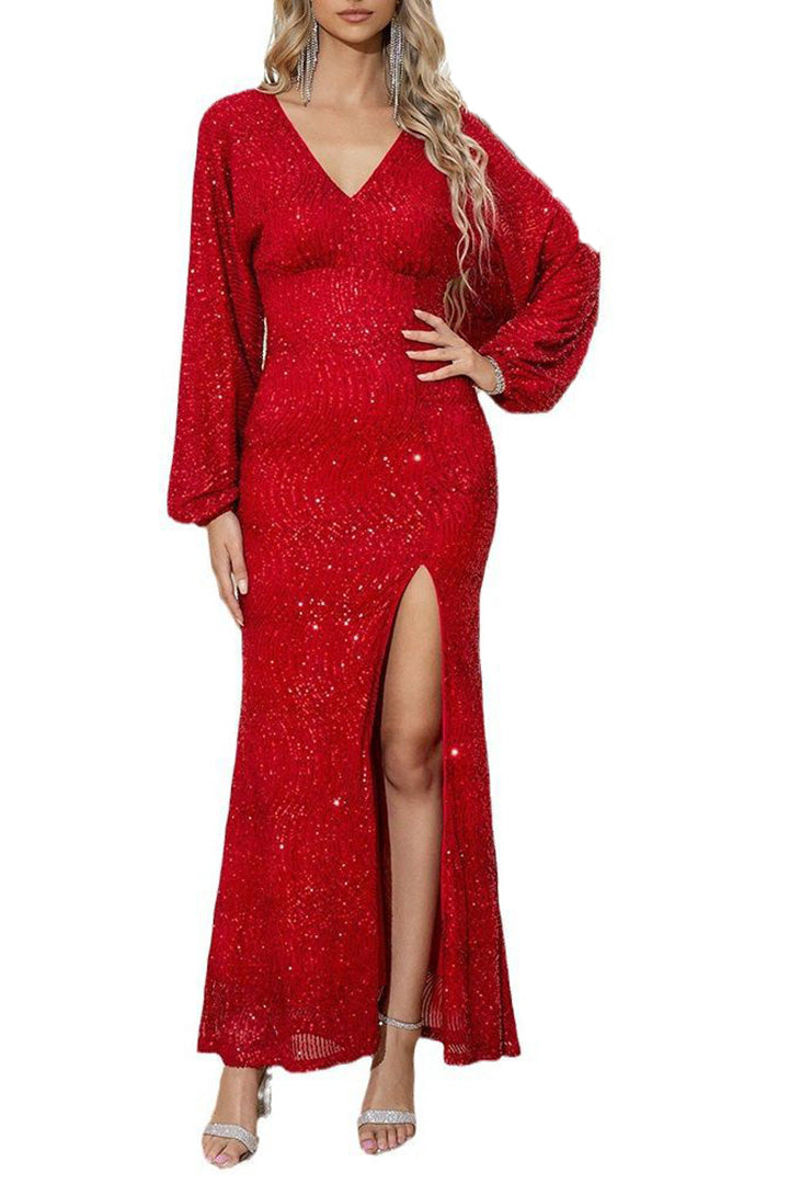 Red Puff Sleeve Sequined Maxi Dress