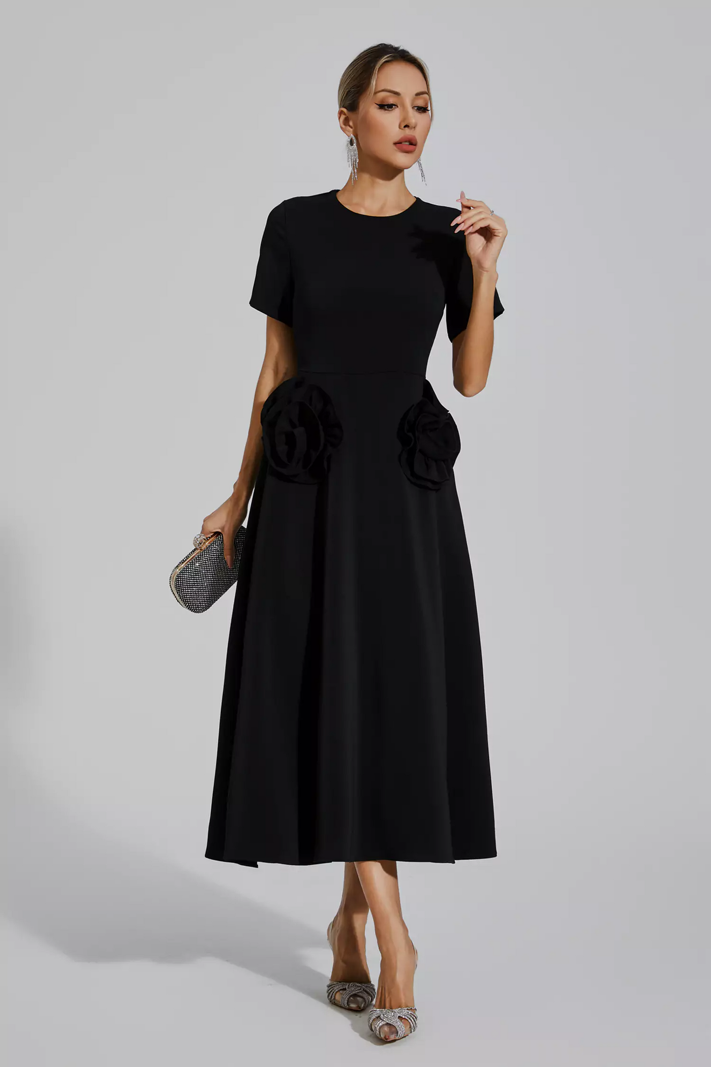 Black Flower Midi Dress