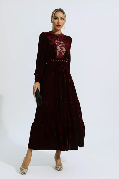 Wine Red Velvet Embroidered Maxi Dress