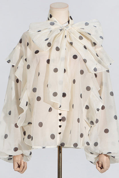 Apricot Ruffle Shirt Polka Dot Long Dress Set