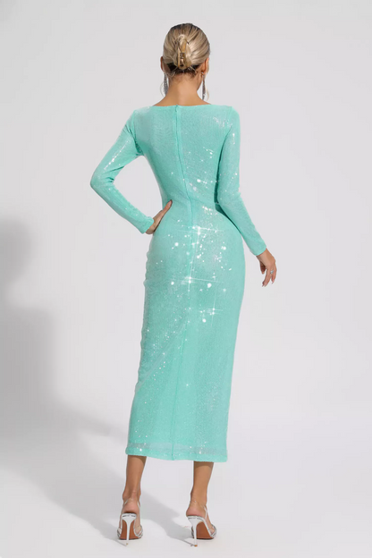 Green Long Sleeve Sequin Midi Dress