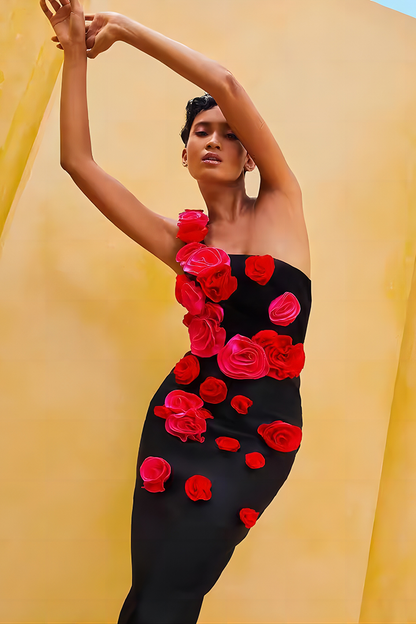 Black Backless 3D Floral Midi Dress