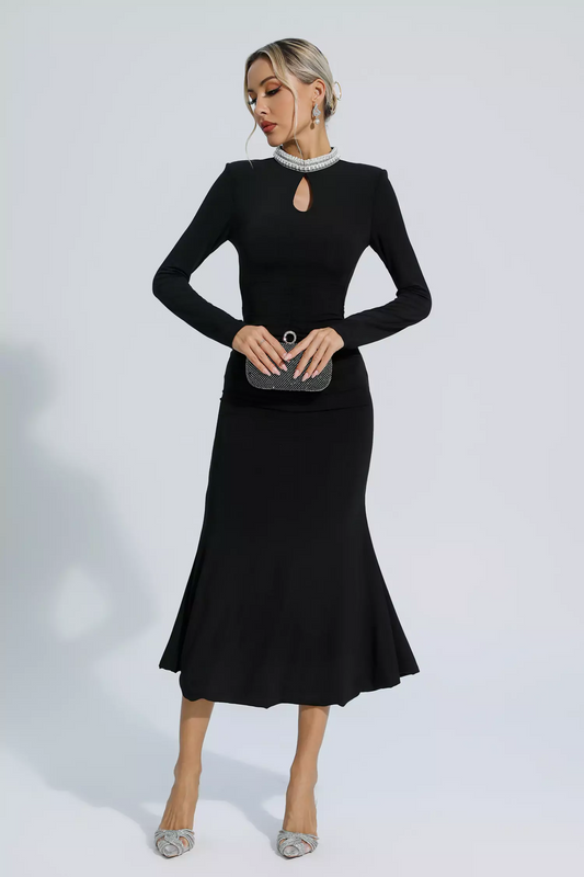 Black Pearl Decorated Long Sleeve Dress