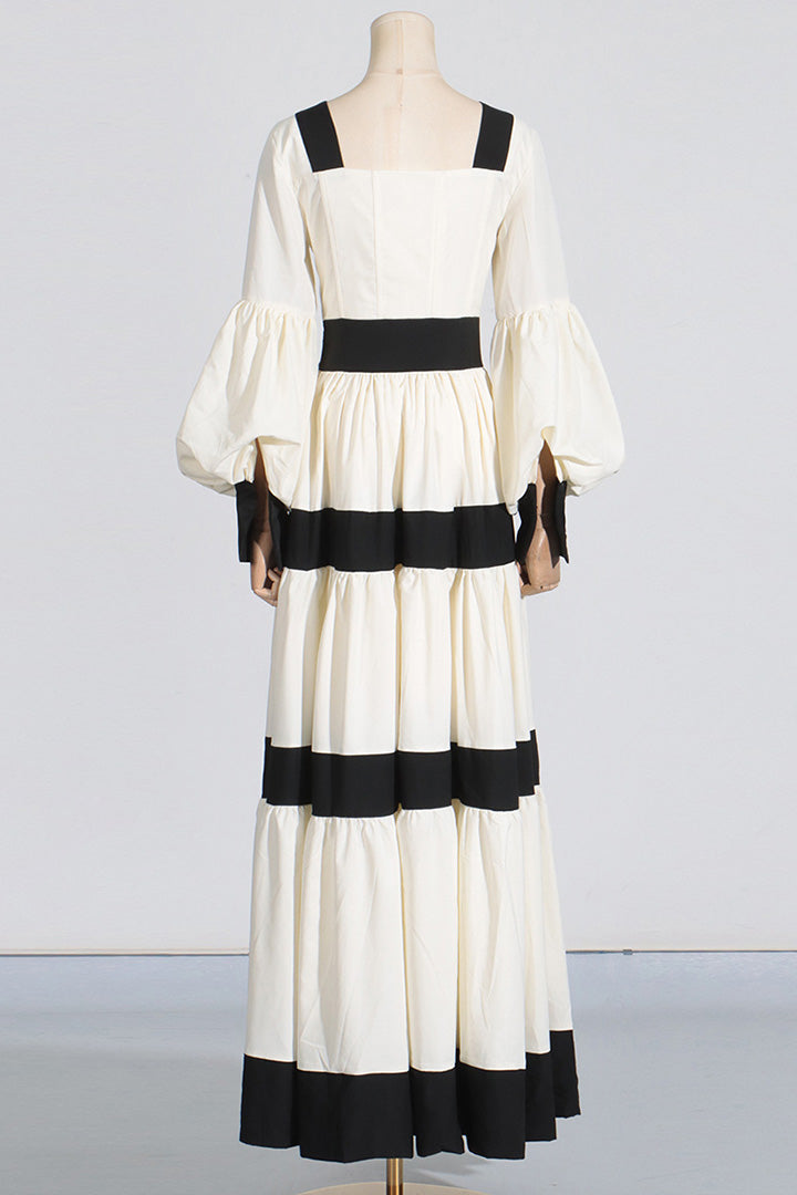 Black White Patchwork Lantern Sleeve Midi Dress