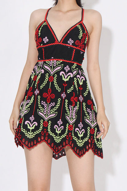 Black Printed Embroidered Mini Dress