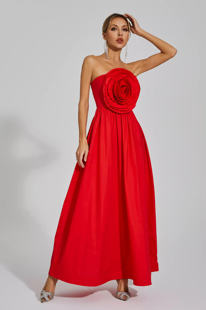 Red Rose Flower Off Shoulder Dress