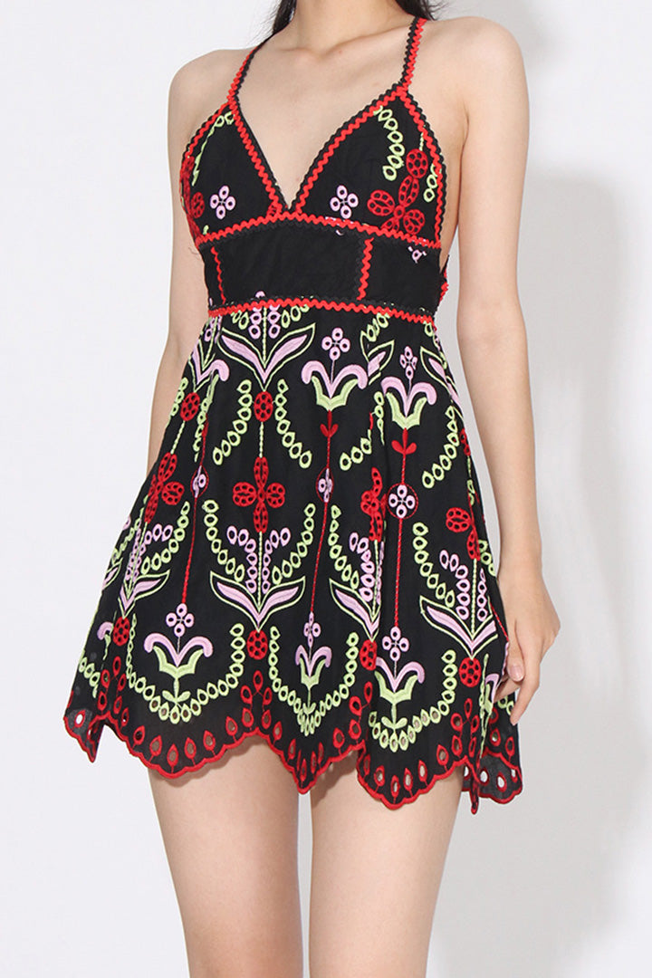 Black Printed Embroidered Mini Dress