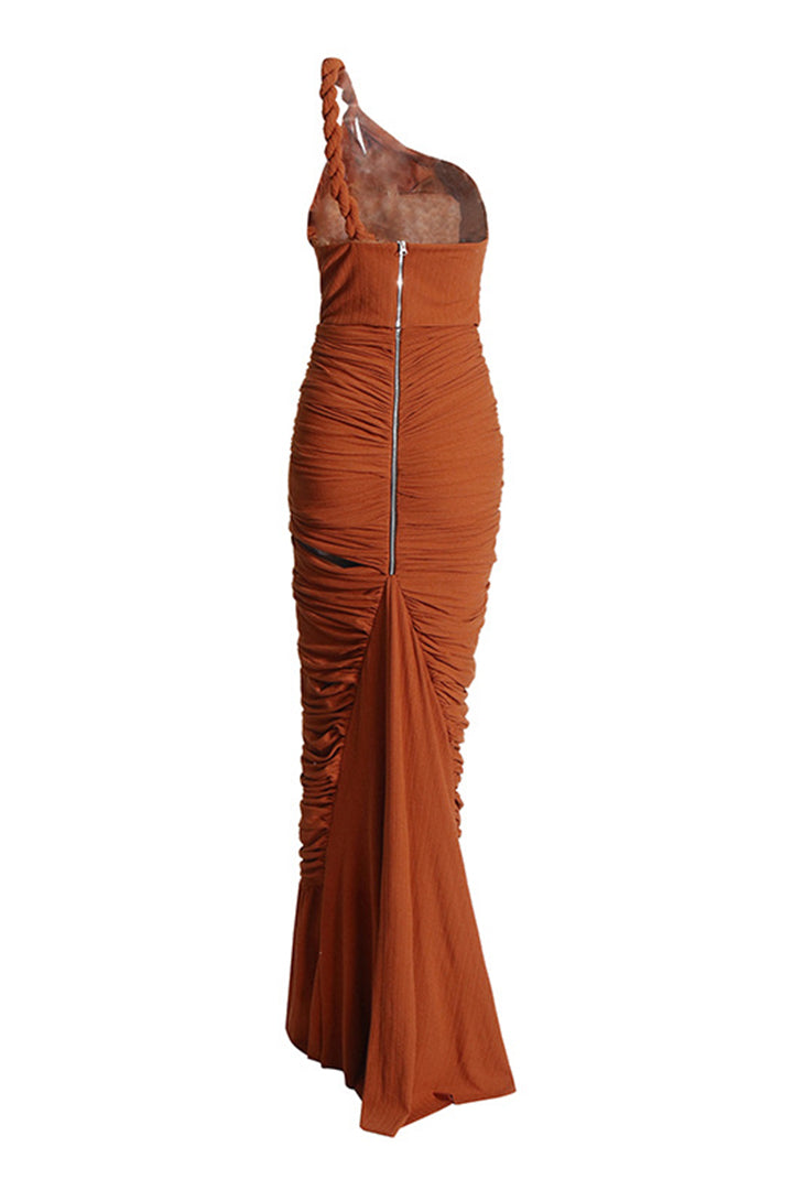 Brown Slant Shoulder Hollow Pressure Pleated Long Dress Set