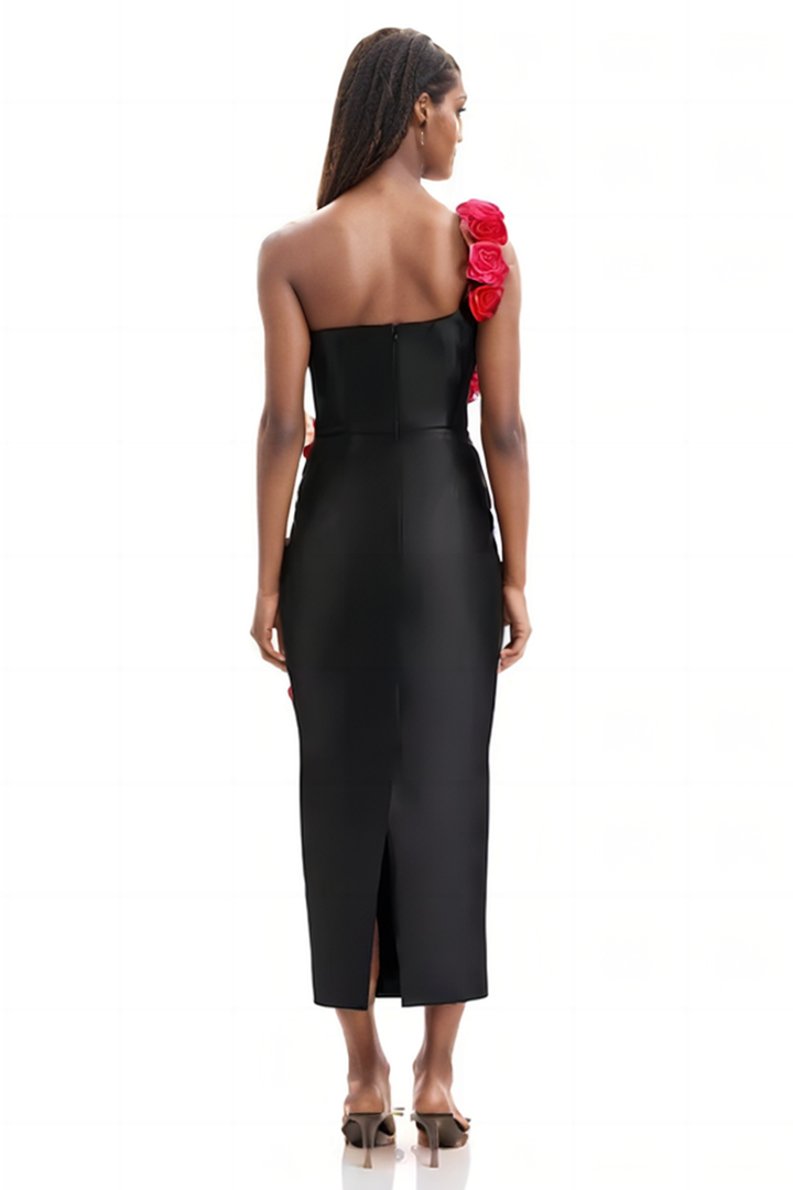 Black Backless 3D Floral Midi Dress